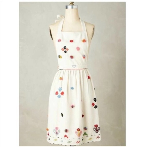 Anthropologie Other - Anthropologie Cream Multicolor Embroidered Pom Pom Apron